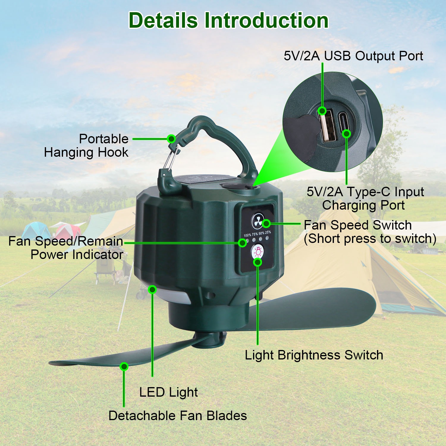 1Pc Portable Camping Ceiling LED Fan